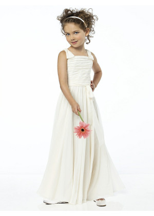 Ivory Pleated Chiffon Ankle Length Junior Bridesmaid Dress With Bows